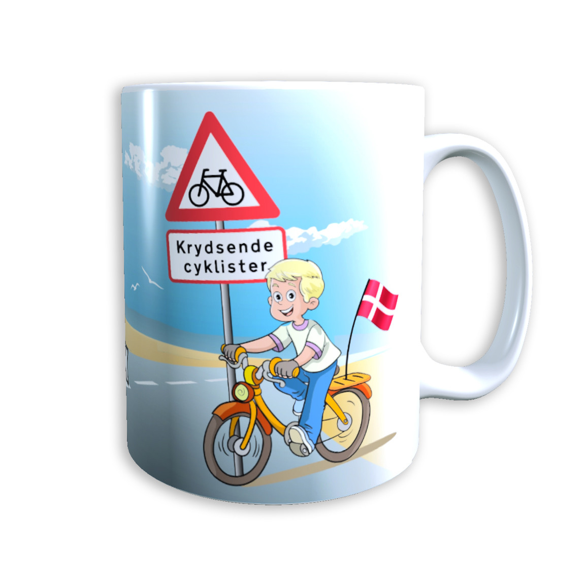 Tasse "Junge auf Fahrrad" (blonde Haare) Dänemark mit Wunschname