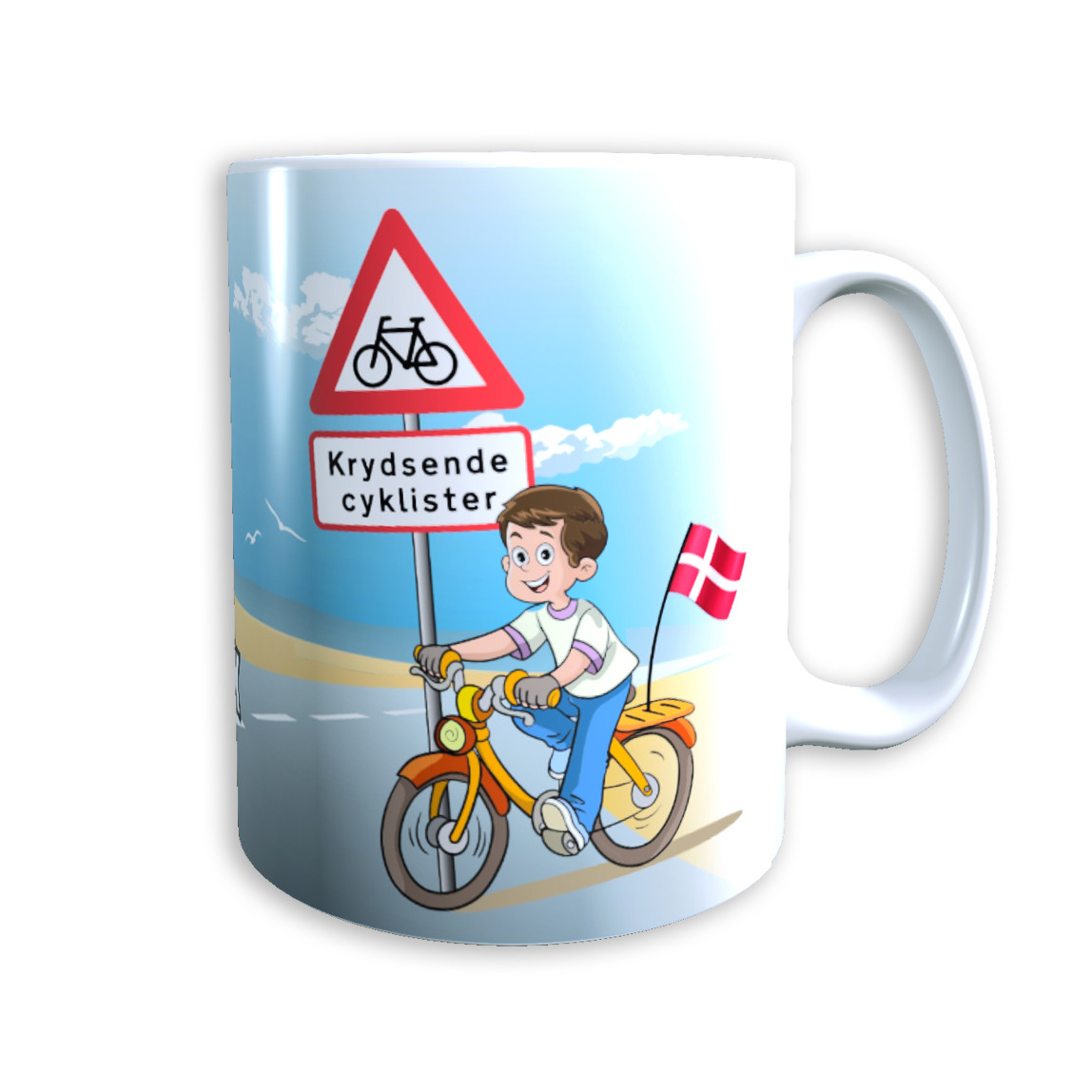 Tasse "Junge auf Fahrrad" (dunkelbraune Haare) Dänemark mit Wunschname