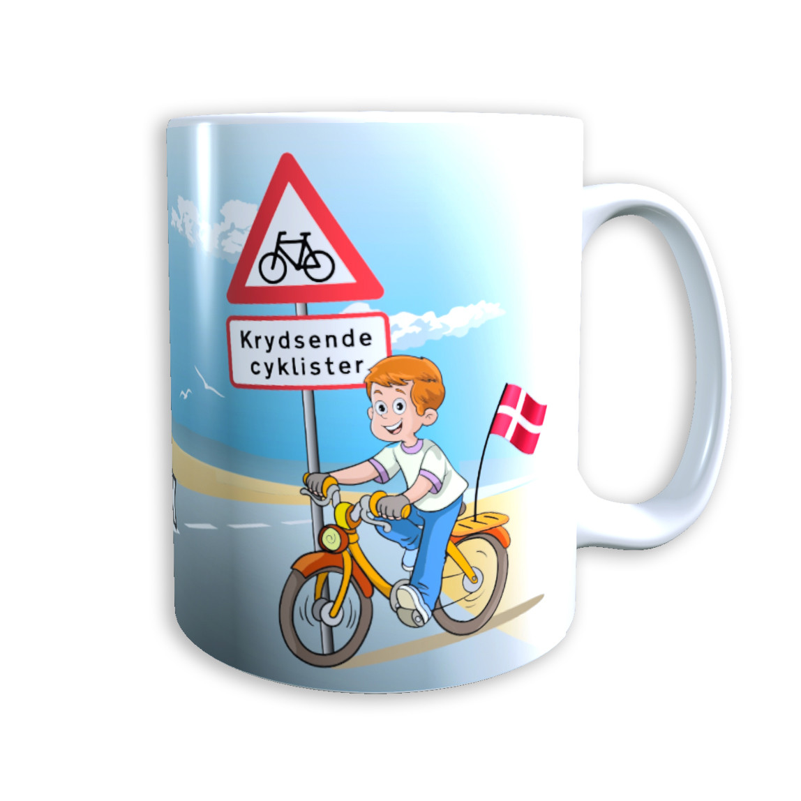 Tasse "Junge auf Fahrrad" (rot-orange Haare) Dänemark mit Wunschname