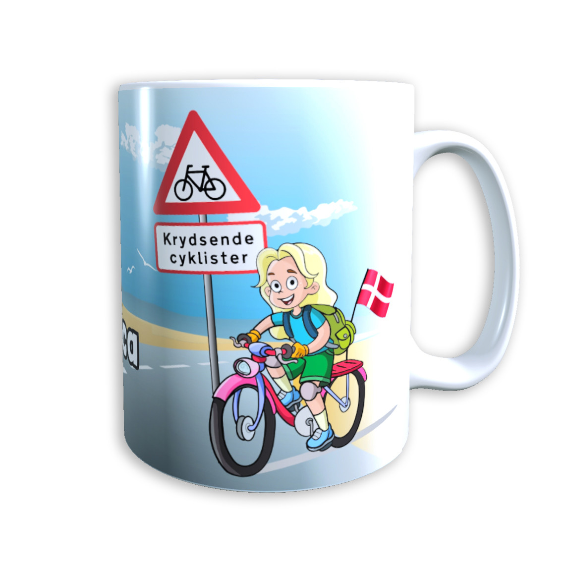Tasse "Mädchen auf Fahrrad" (blonde Haare) Dänemark mit Wunschname