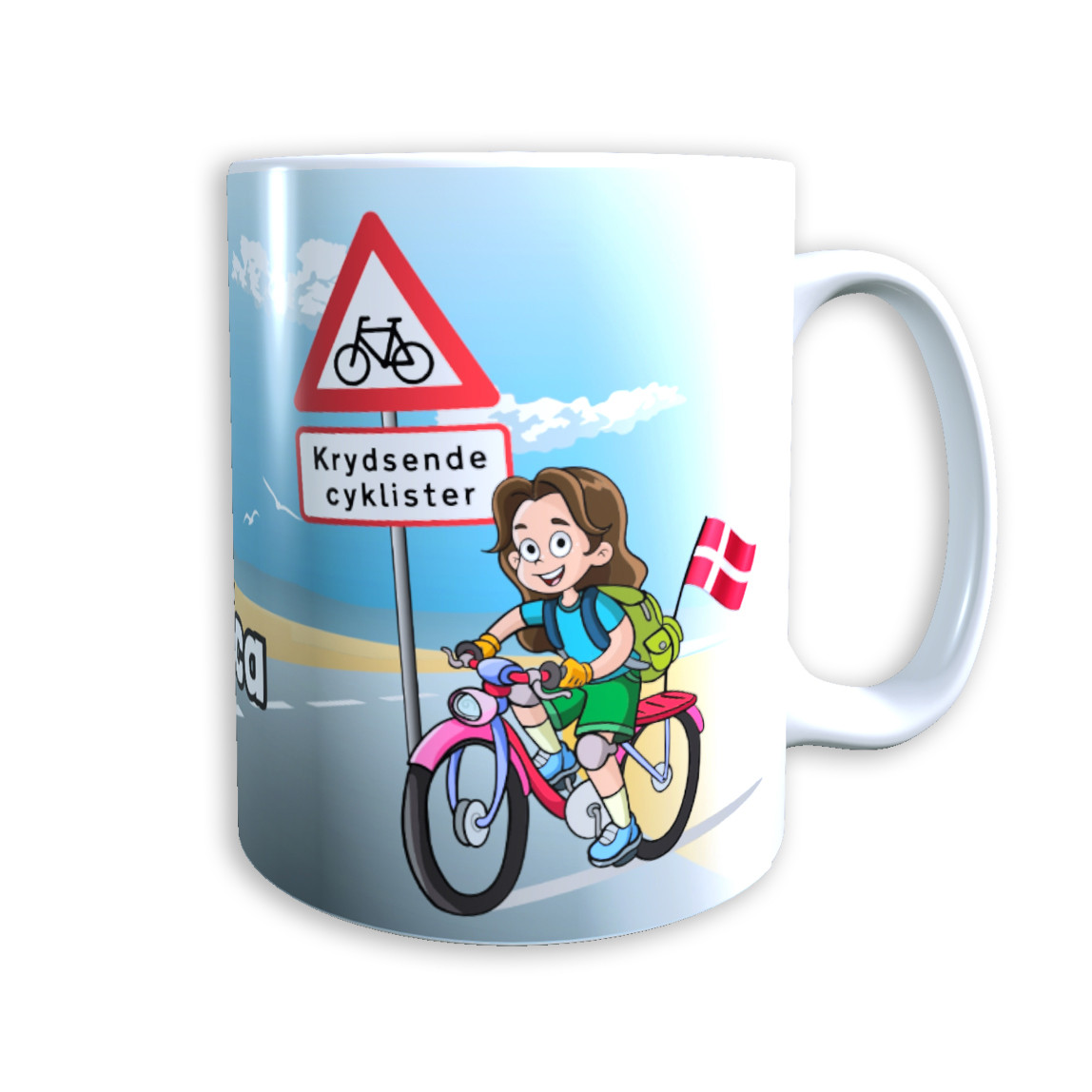 Tasse "Mädchen auf Fahrrad" (dunkelbraune Haare) Dänemark mit Wunschname