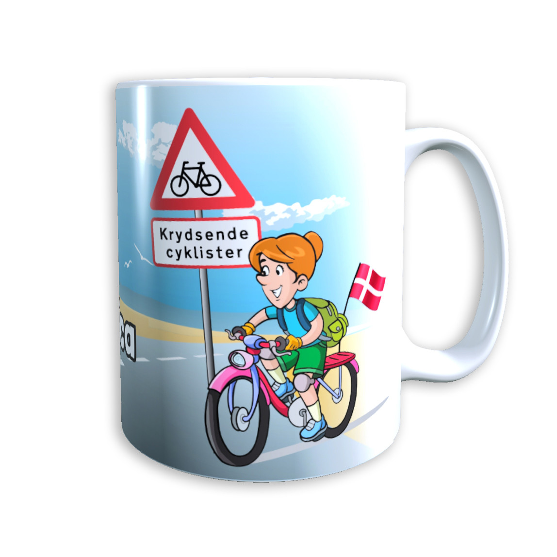 Tasse "Mutter auf Fahrrad" (rot-orange Haare) Dänemark mit Wunschname