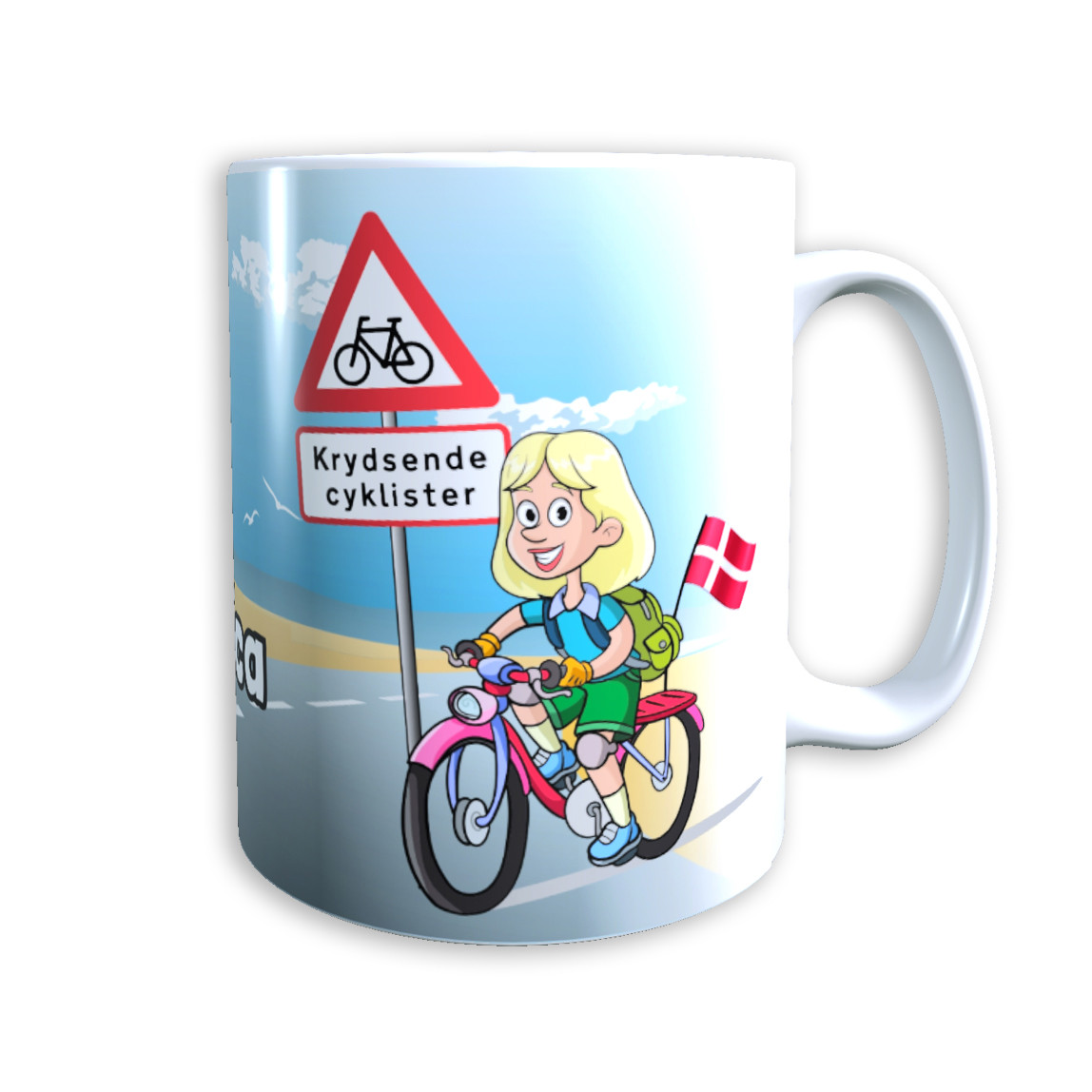 Tasse "Frau auf Fahrrad" (blonde Haare) Dänemark mit Wunschname
