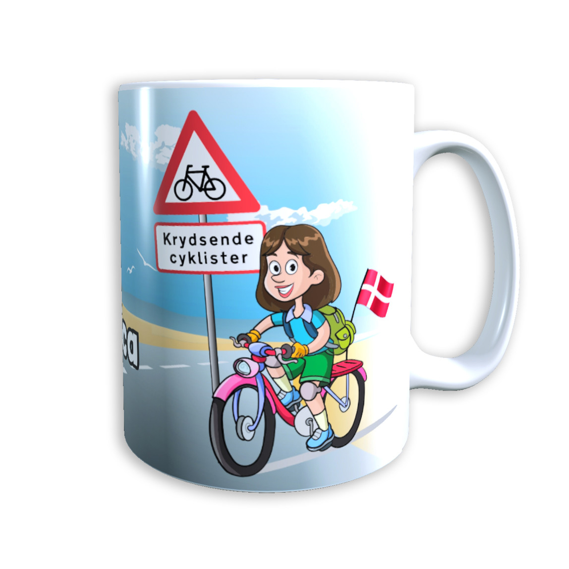 Tasse "Frau auf Fahrrad" (dunkelbraune Haare) Dänemark mit Wunschname