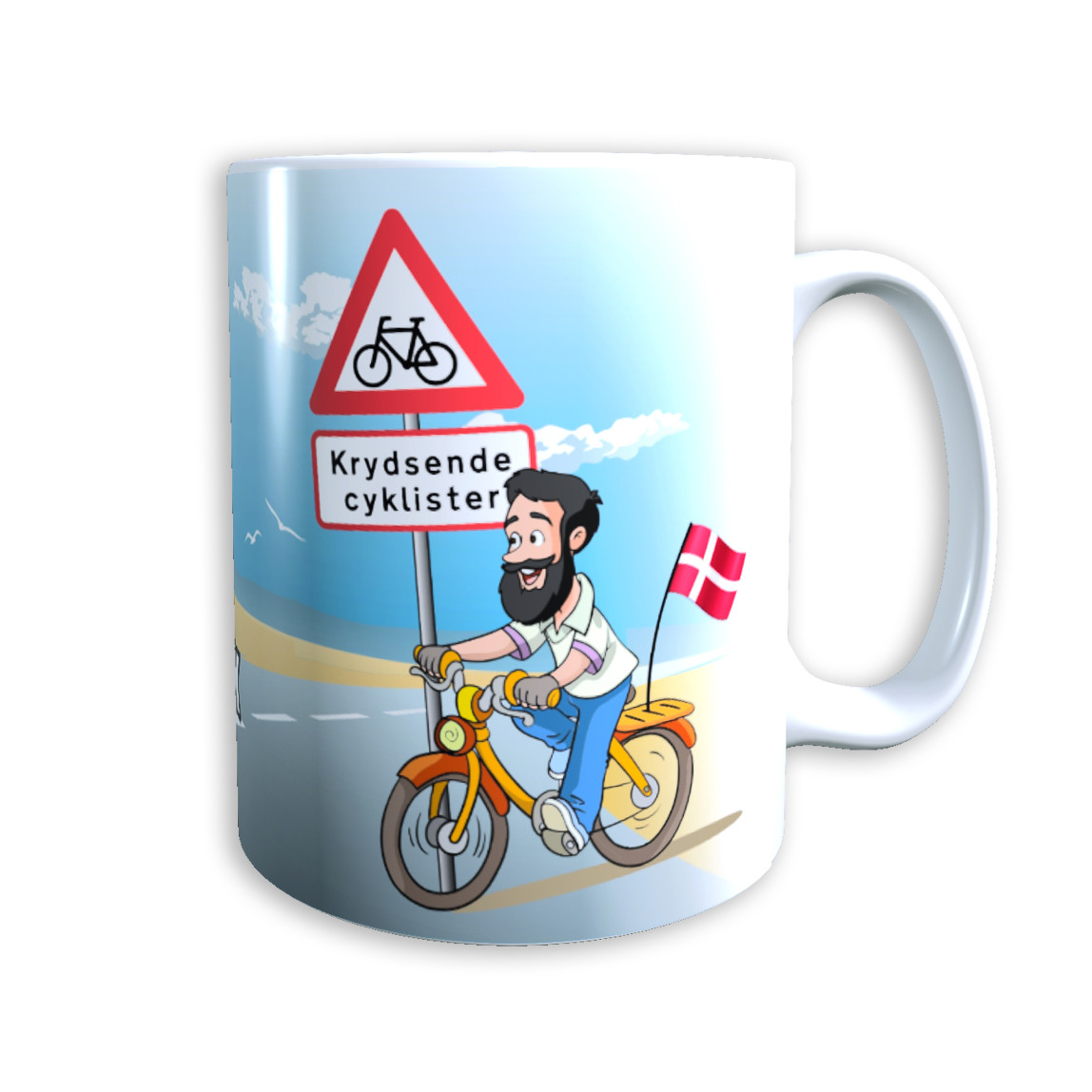 Tasse "Mann auf Fahrrad" (schwarze Haare + Bart) Dänemark mit Wunschname