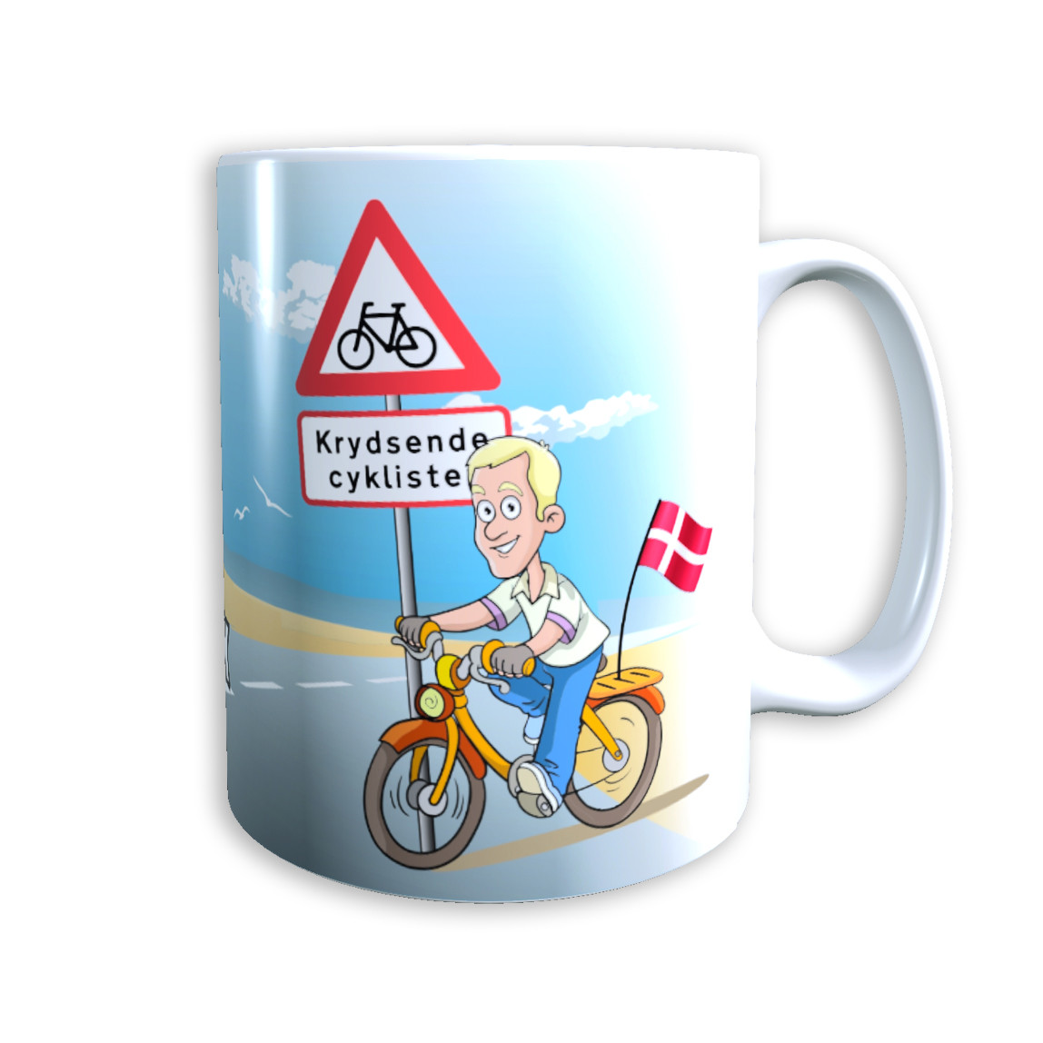 Tasse "Mann auf Fahrrad" (blonde Haare) Dänemark mit Wunschname