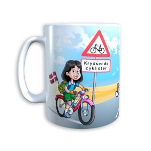 Tasse "Frau auf Fahrrad" (schwarze Haare) Dänemark mit Wunschname